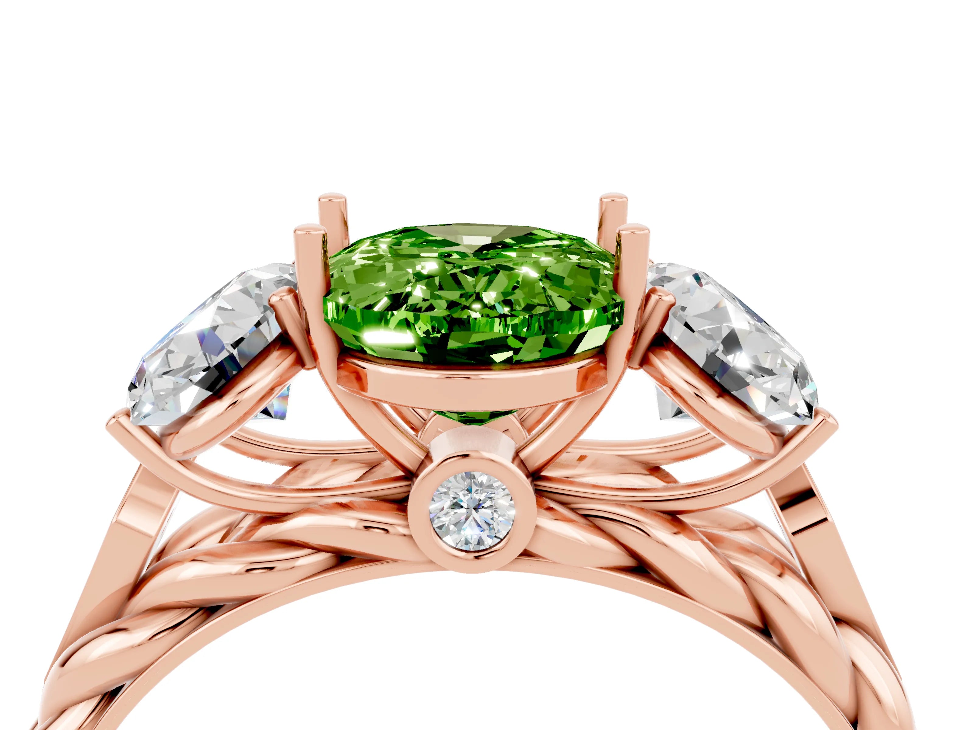 Rose gold Three-Stone Oval Cut Peridot Braided Band Ring with Four-Prong Setting_16