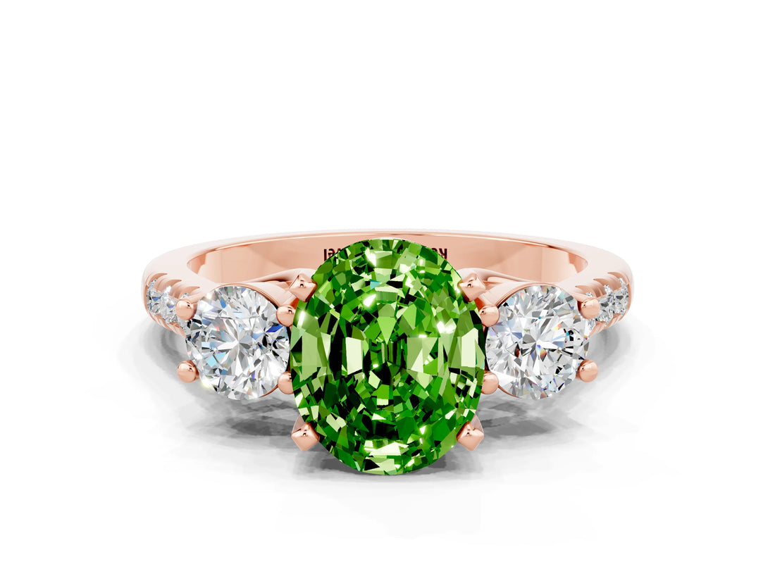 Rose gold Three-Stone Oval Cut Peridot Pavé Band with Four-Prong Setting