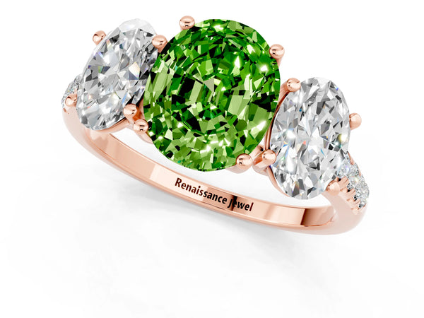 Rose gold Three-Stone Oval Cut Peridot Ring with Round  Pavé Band and Prong Setting