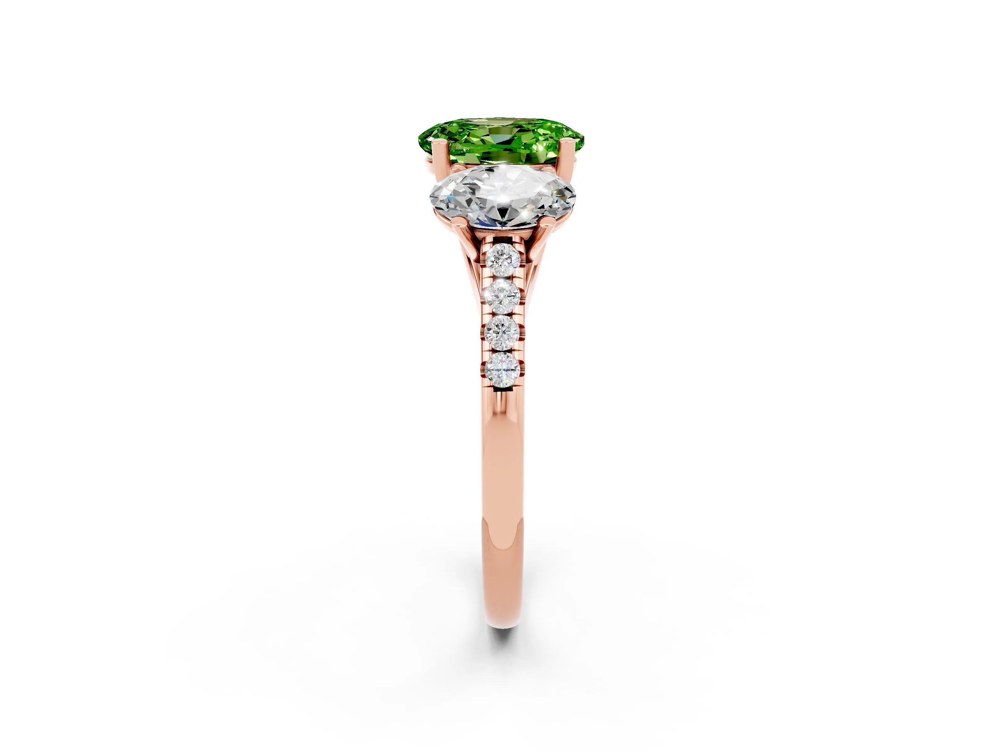Rose gold Three-Stone Oval Cut Peridot Ring with Pavé Band and Prong Setting_14
