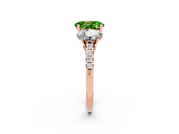 Rose gold Three-Stone Oval Cut Peridot Ring with Round  Pavé Band and Prong Setting