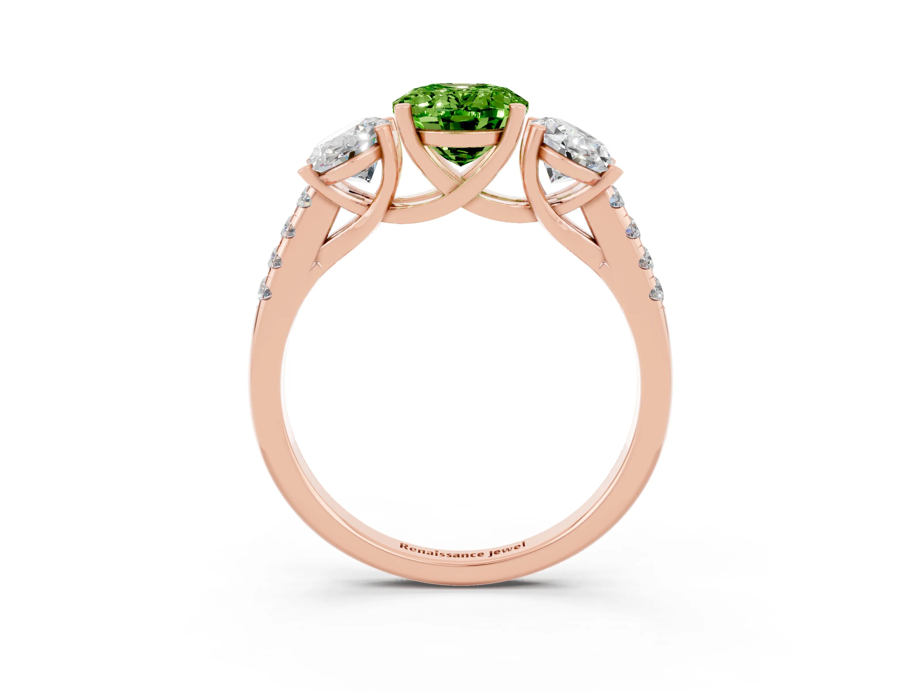Rose gold Three-Stone Oval Cut Peridot Ring with Pavé Band and Prong Setting_15
