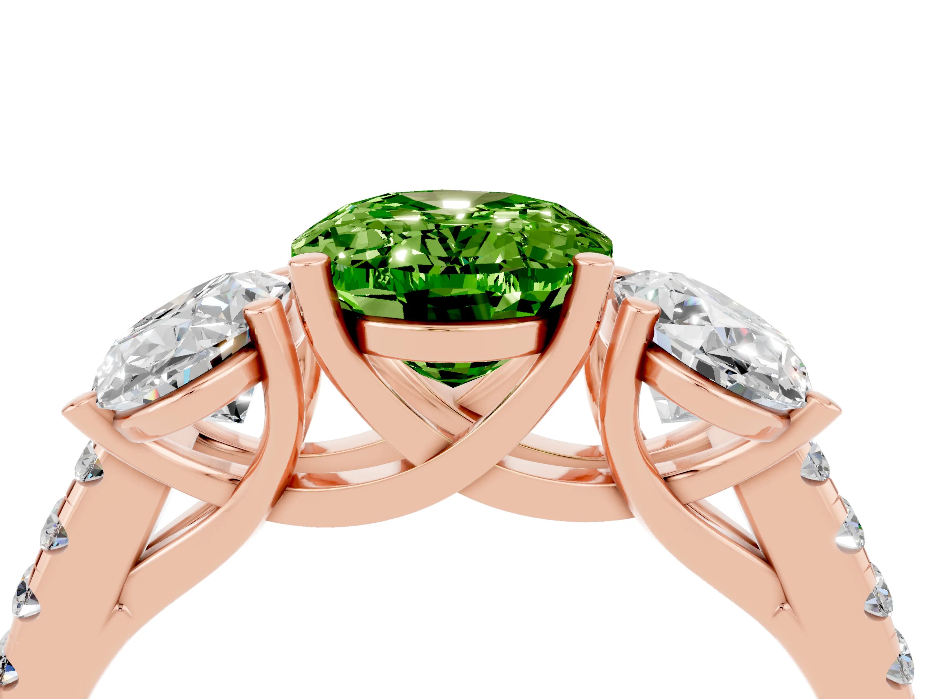 Rose gold Three-Stone Oval Cut Peridot Ring with Pavé Band and Prong Setting_16