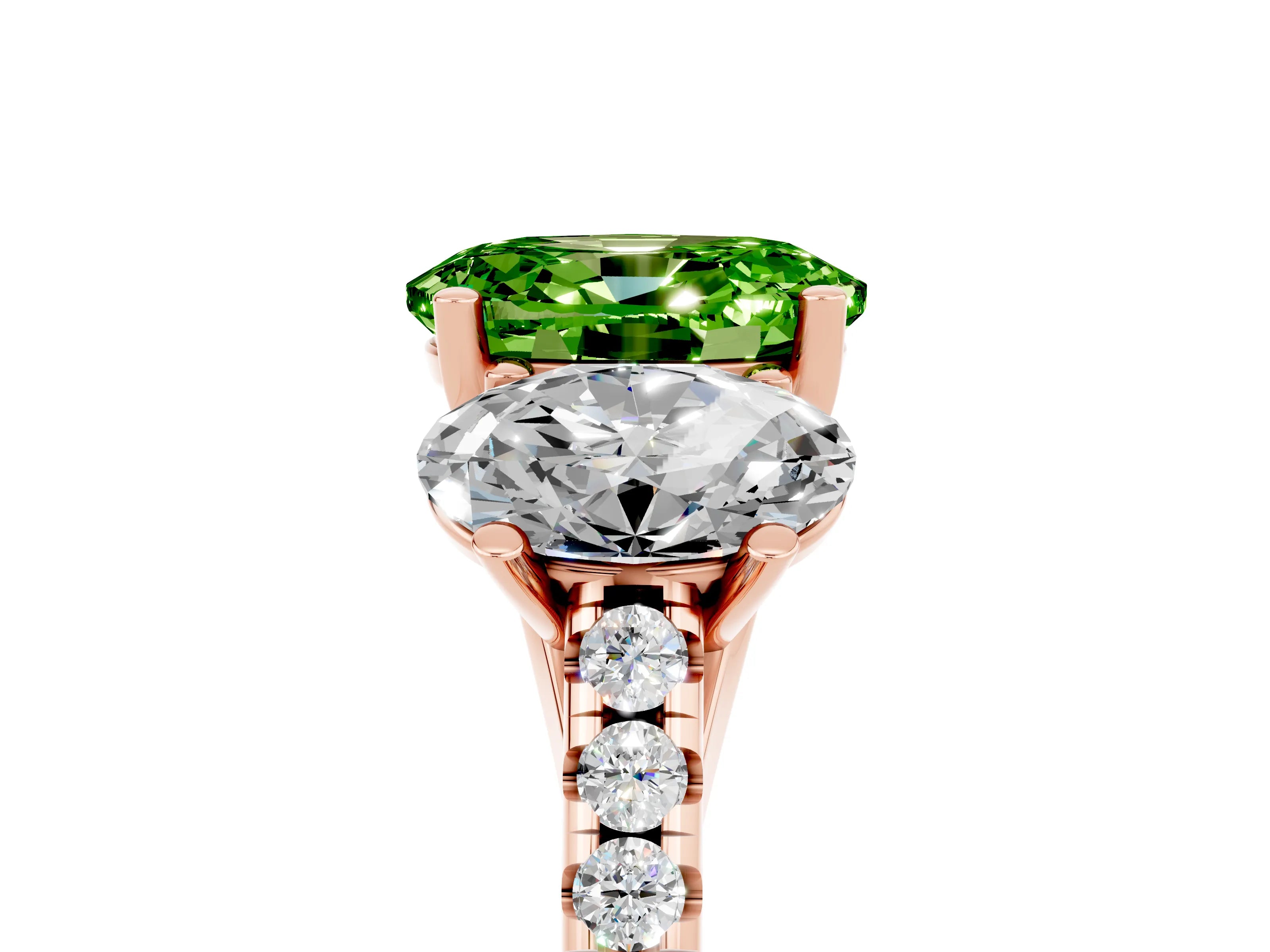 Rose gold Three-Stone Oval Cut Peridot Ring with Pavé Band and Prong Setting_17
