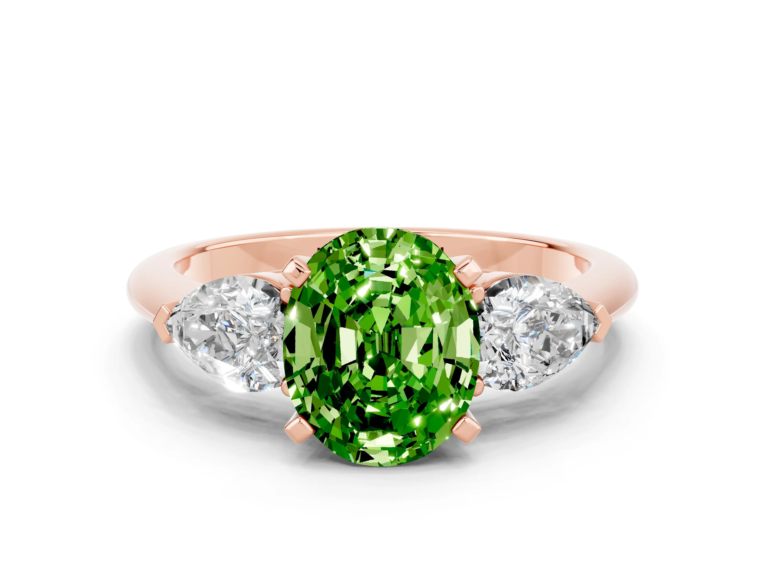 Rose gold Three-Stone Oval Cut Peridot Ring with Pear Side Stones and Four-Prong Setting