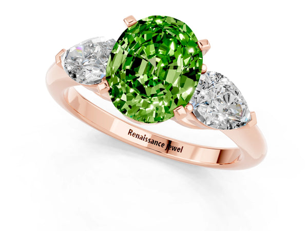 Rose gold Three-Stone Oval Cut Peridot Ring with Pear Side Stones and Four-Prong Setting