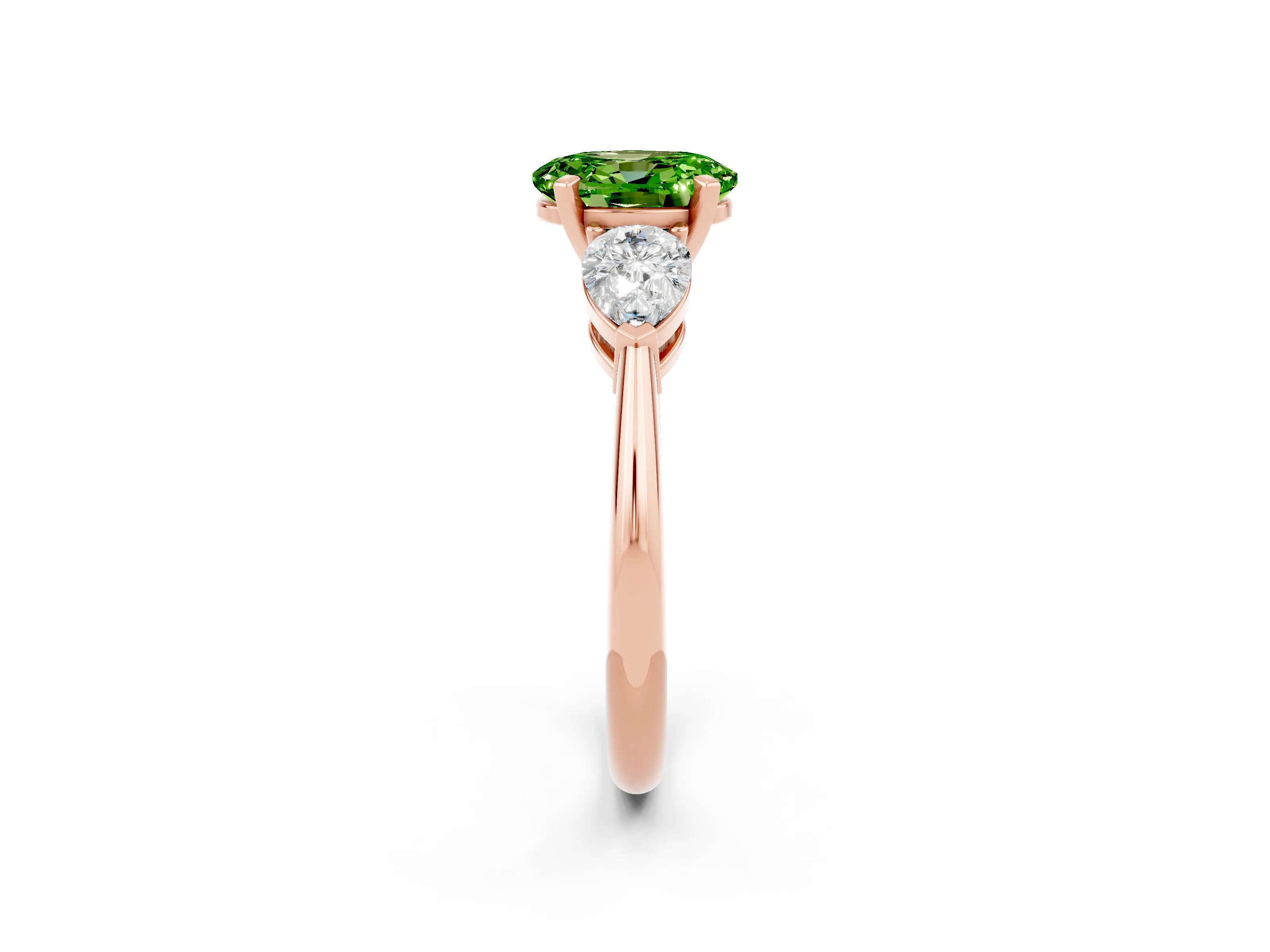 Rose gold Three-Stone Oval Cut Peridot Ring with Pear Side Stones and Four-Prong Setting_2