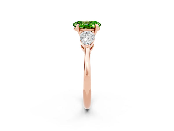 Rose gold Three-Stone Oval Cut Peridot Ring with Pear Side Stones and Four-Prong Setting