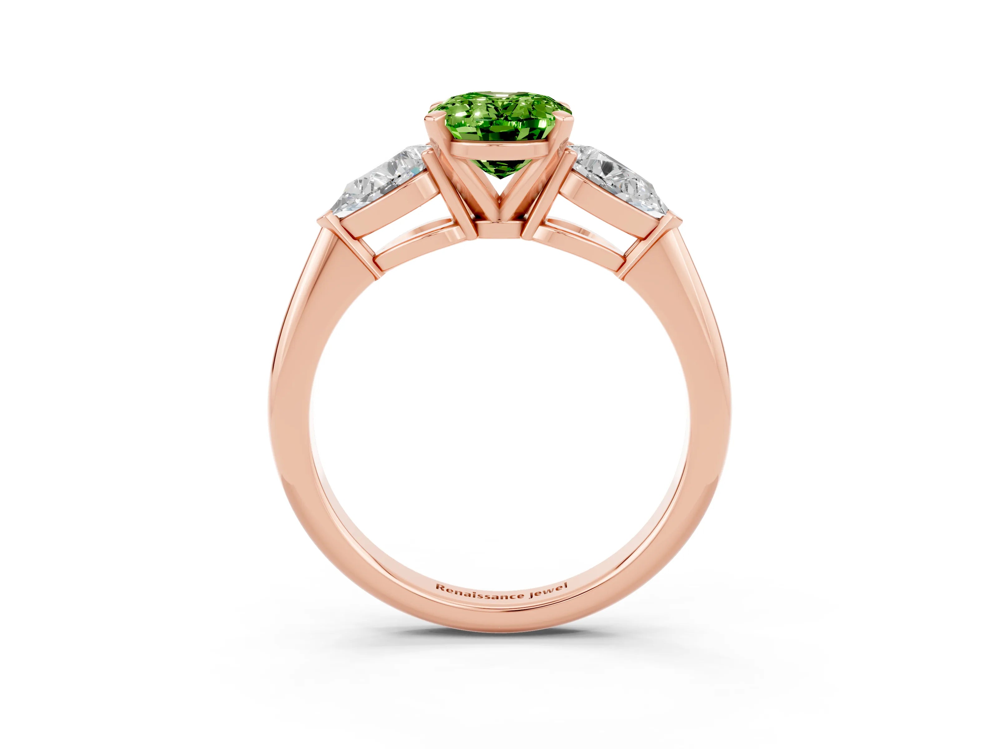 Rose gold Three-Stone Oval Cut Peridot Ring with Pear Side Stones and Four-Prong Setting_3