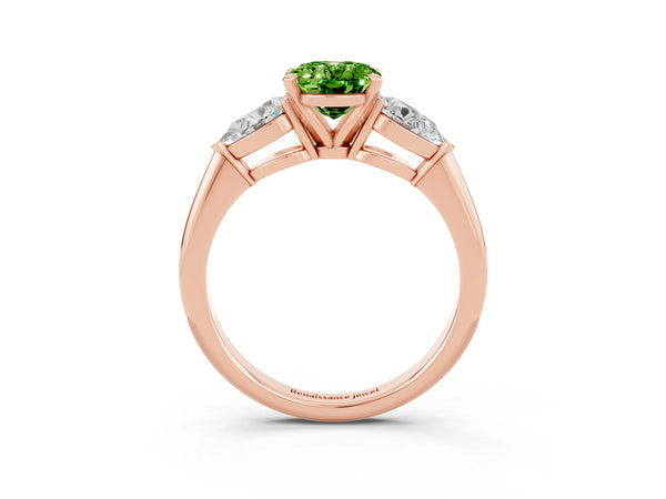 Rose gold Three-Stone Oval Cut Peridot Ring with Pear Side Stones and Four-Prong Setting