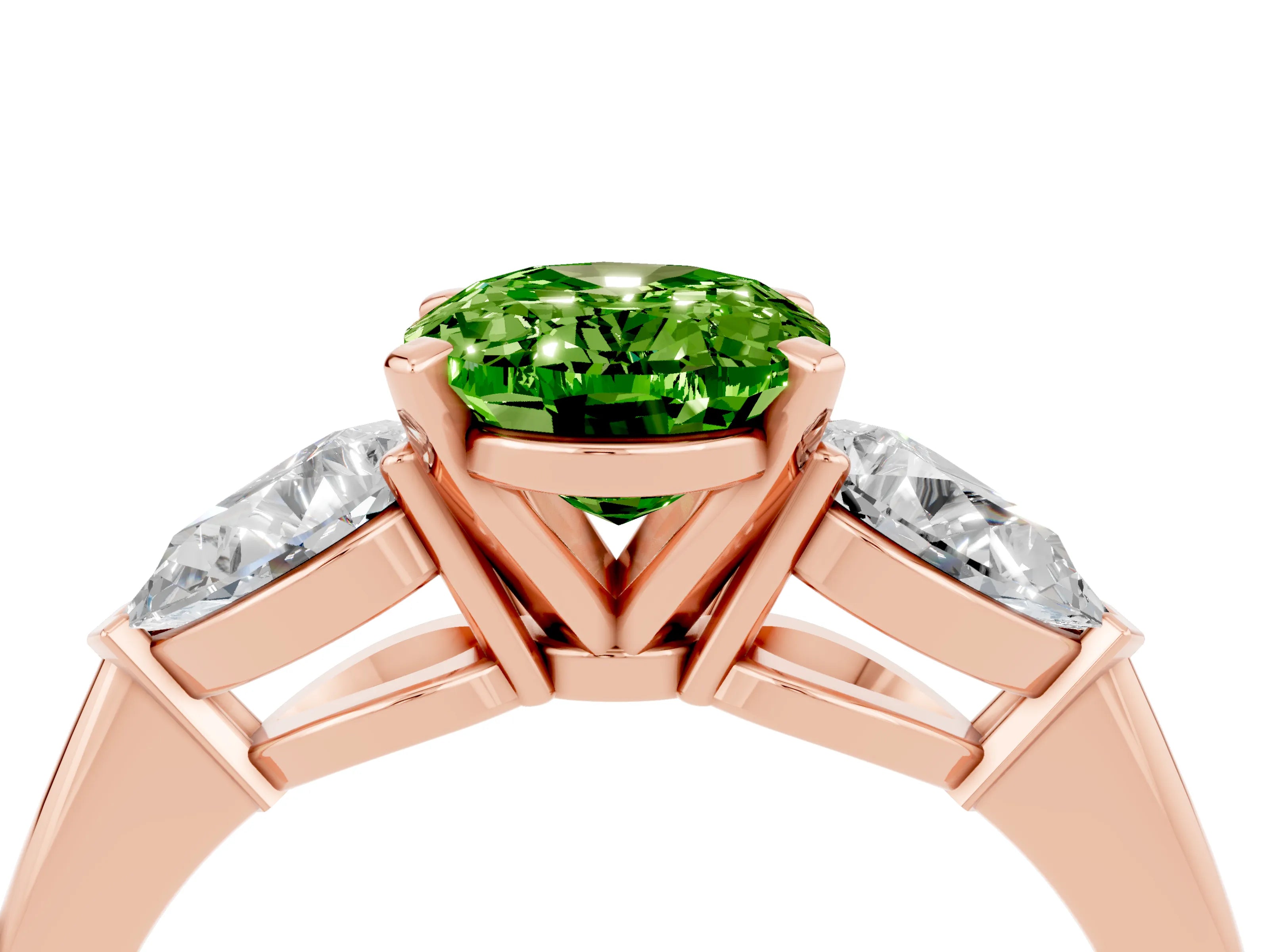 Rose gold Three-Stone Oval Cut Peridot Ring with Pear Side Stones and Four-Prong Setting_4