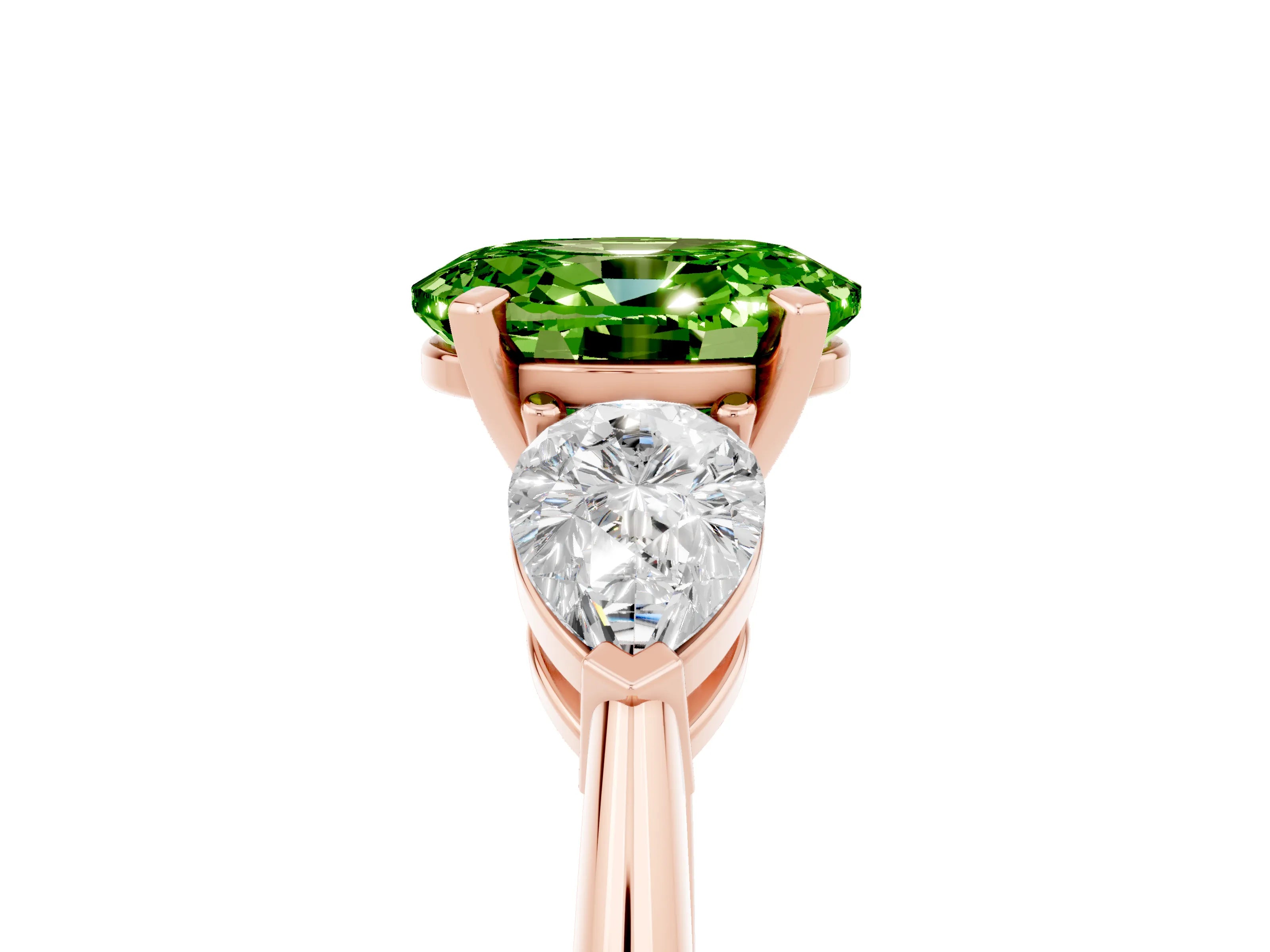 Rose gold Three-Stone Oval Cut Peridot Ring with Pear Side Stones and Four-Prong Setting_5