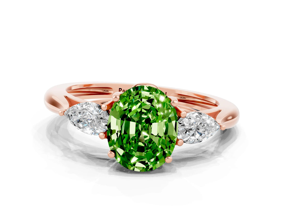 Rose gold Three-Stone Oval Cut Peridot Ring with Pear  Side Stones in Four-Prong Setting_48