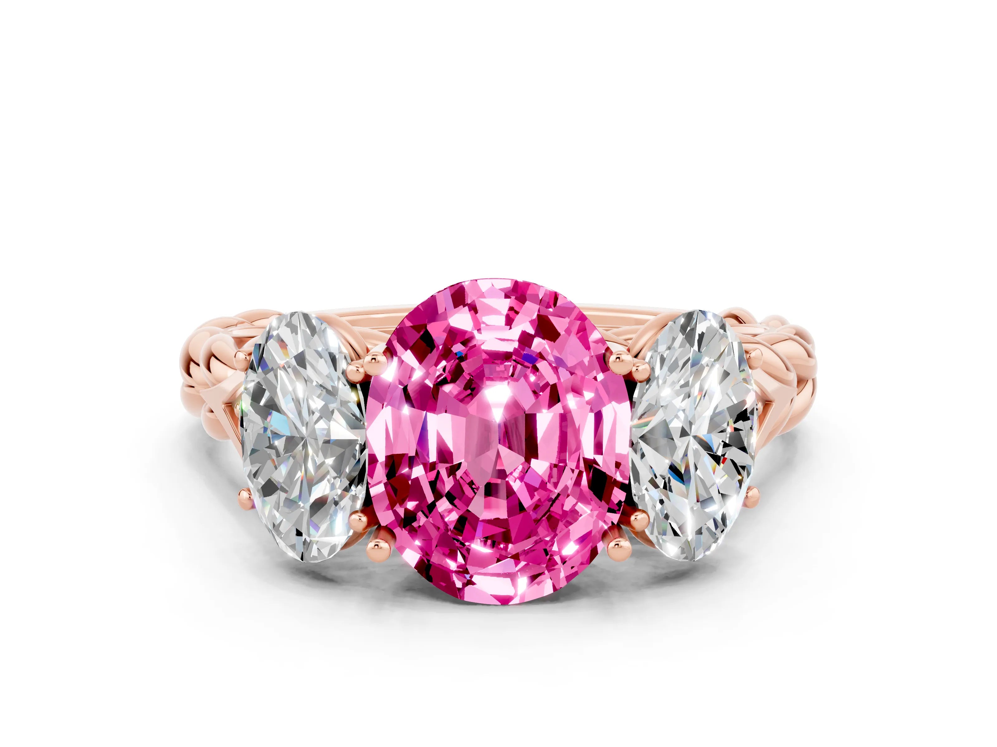Rose gold Three-Stone Oval Cut Pink Sapphire Braided Band Ring with Four-Prong Setting_36