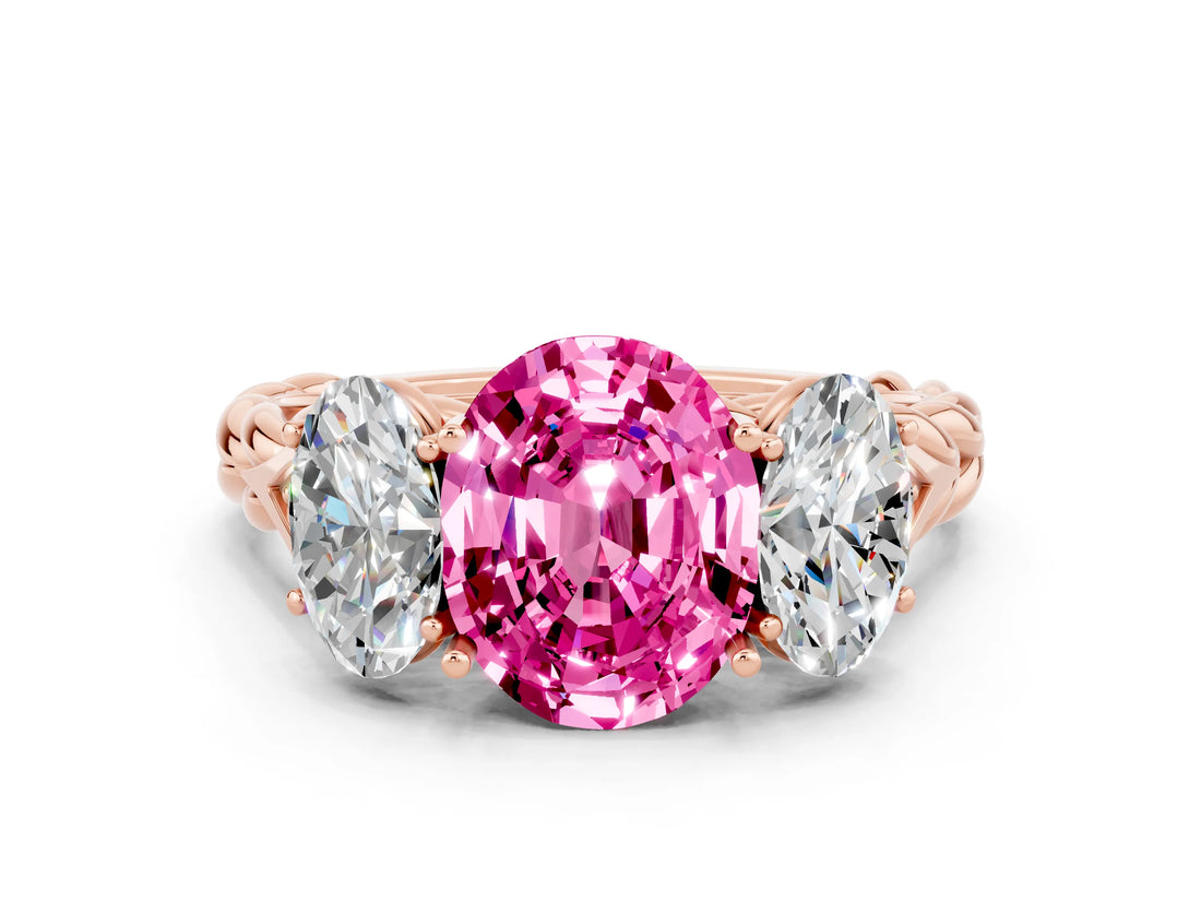 Rose gold Three-Stone Oval Cut Pink Sapphire Braided Band Ring with Four-Prong Setting_36