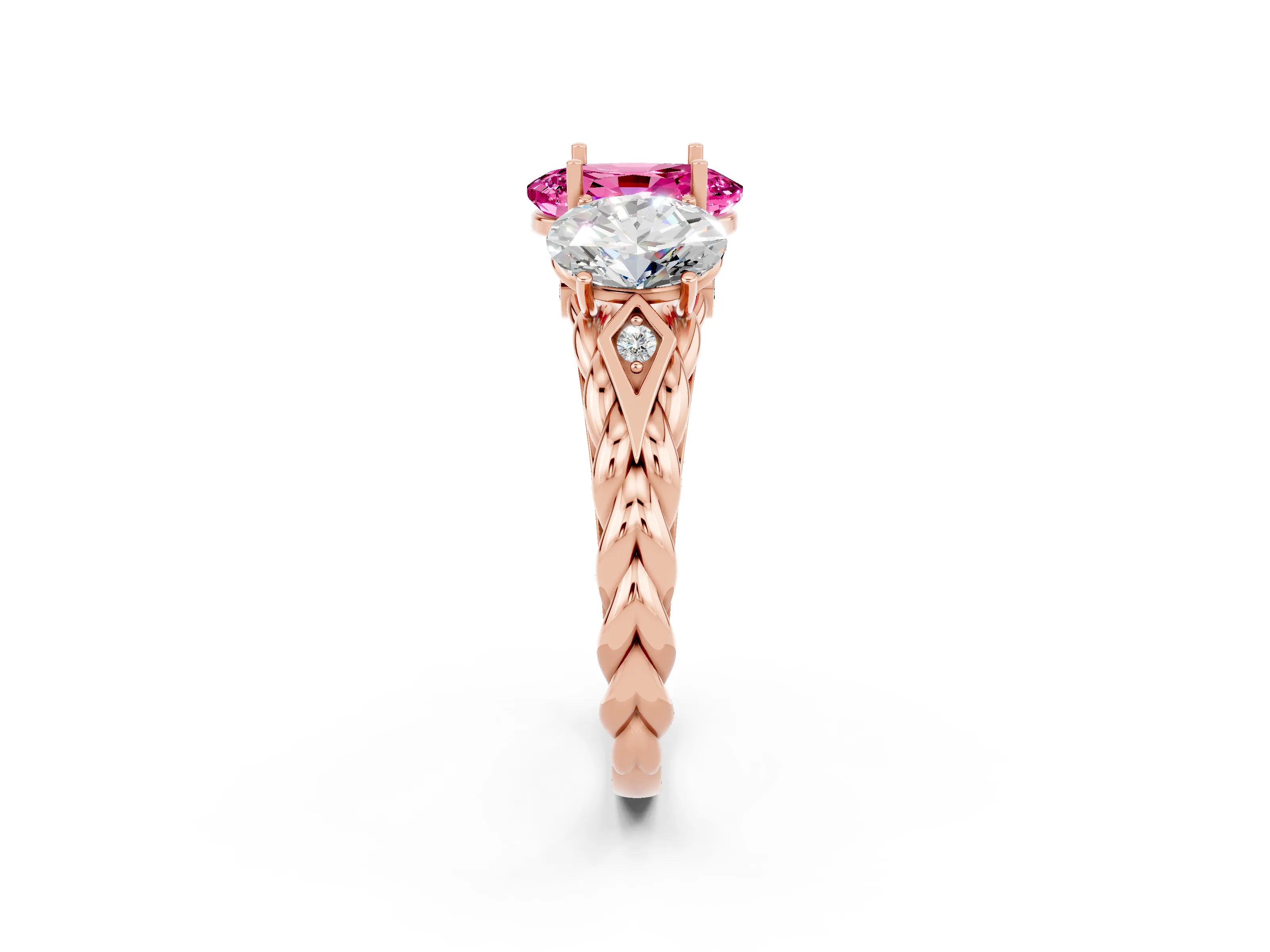 Rose gold Three-Stone Oval Cut Pink Sapphire Braided Band Ring with Four-Prong Setting_38