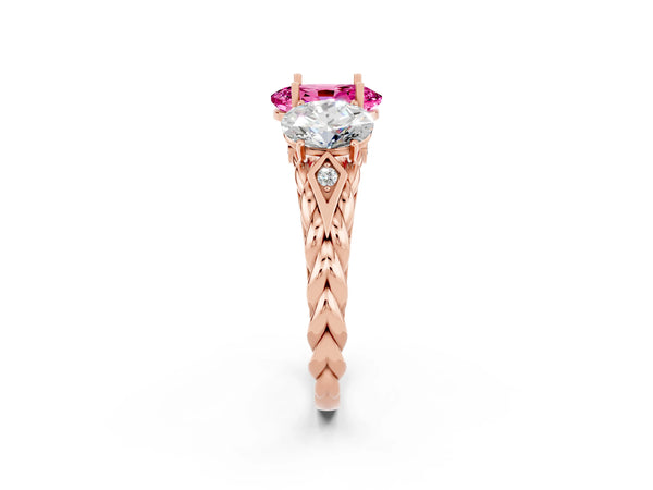 Rose gold Three-Stone Oval Cut Pink Sapphire Braided Band Ring with Four-Prong Setting