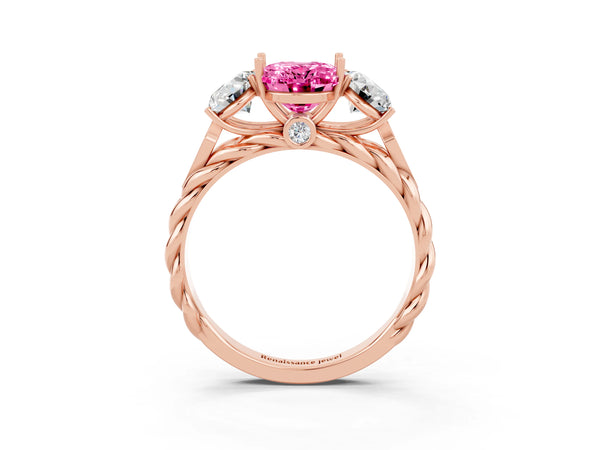 Rose gold Three-Stone Oval Cut Pink Sapphire Braided Band Ring with Four-Prong Setting