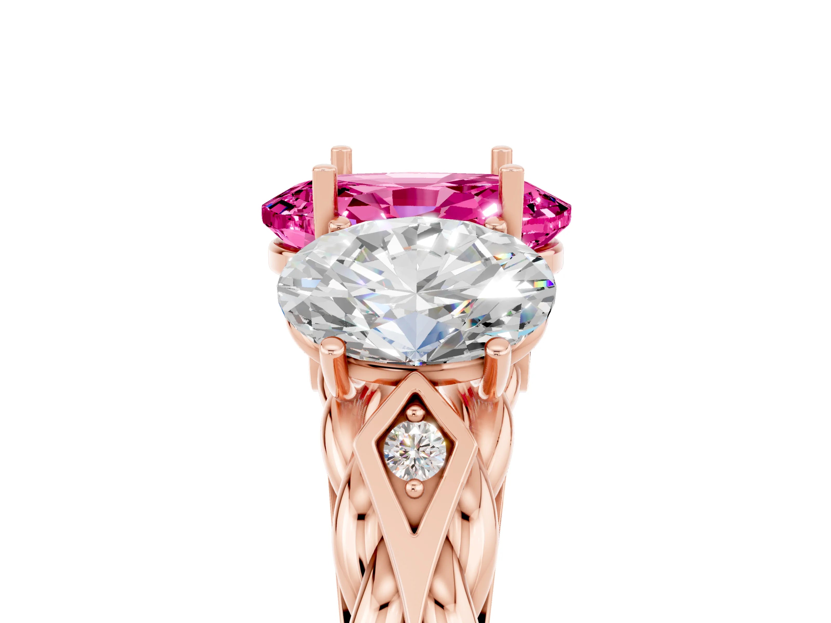 Rose gold Three-Stone Oval Cut Pink Sapphire Braided Band Ring with Four-Prong Setting_41