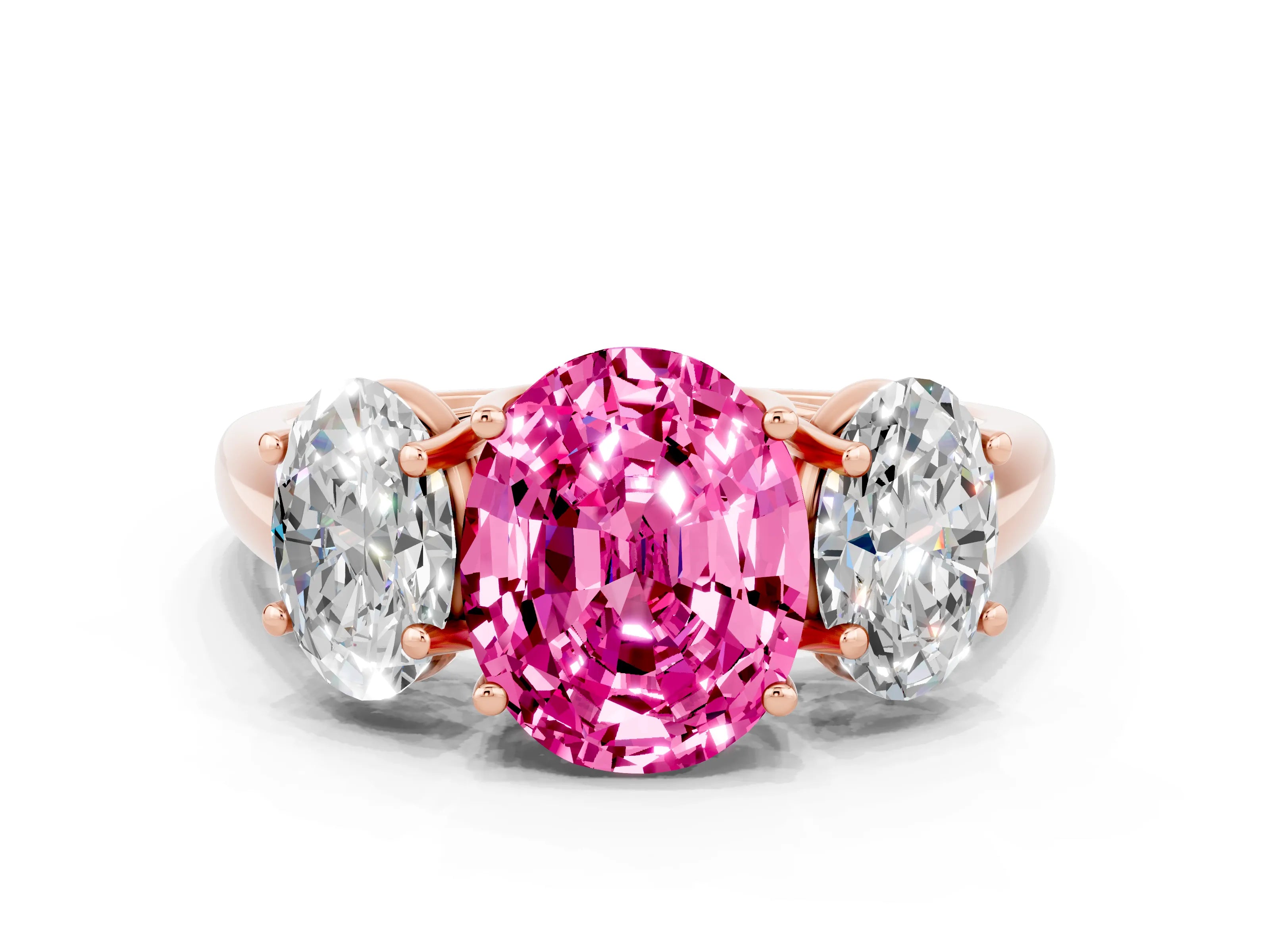 Rose gold Three-Stone Oval Cut Pink Sapphire Engagement Ring with Prong Setting