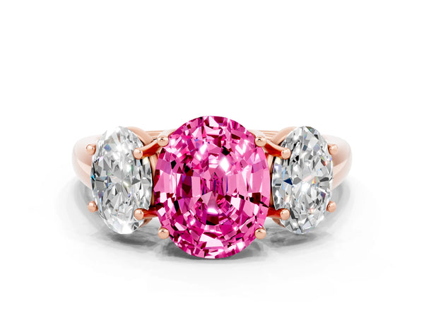 Rose gold Three-Stone Oval Cut Pink Sapphire Engagement Ring with Prong Setting