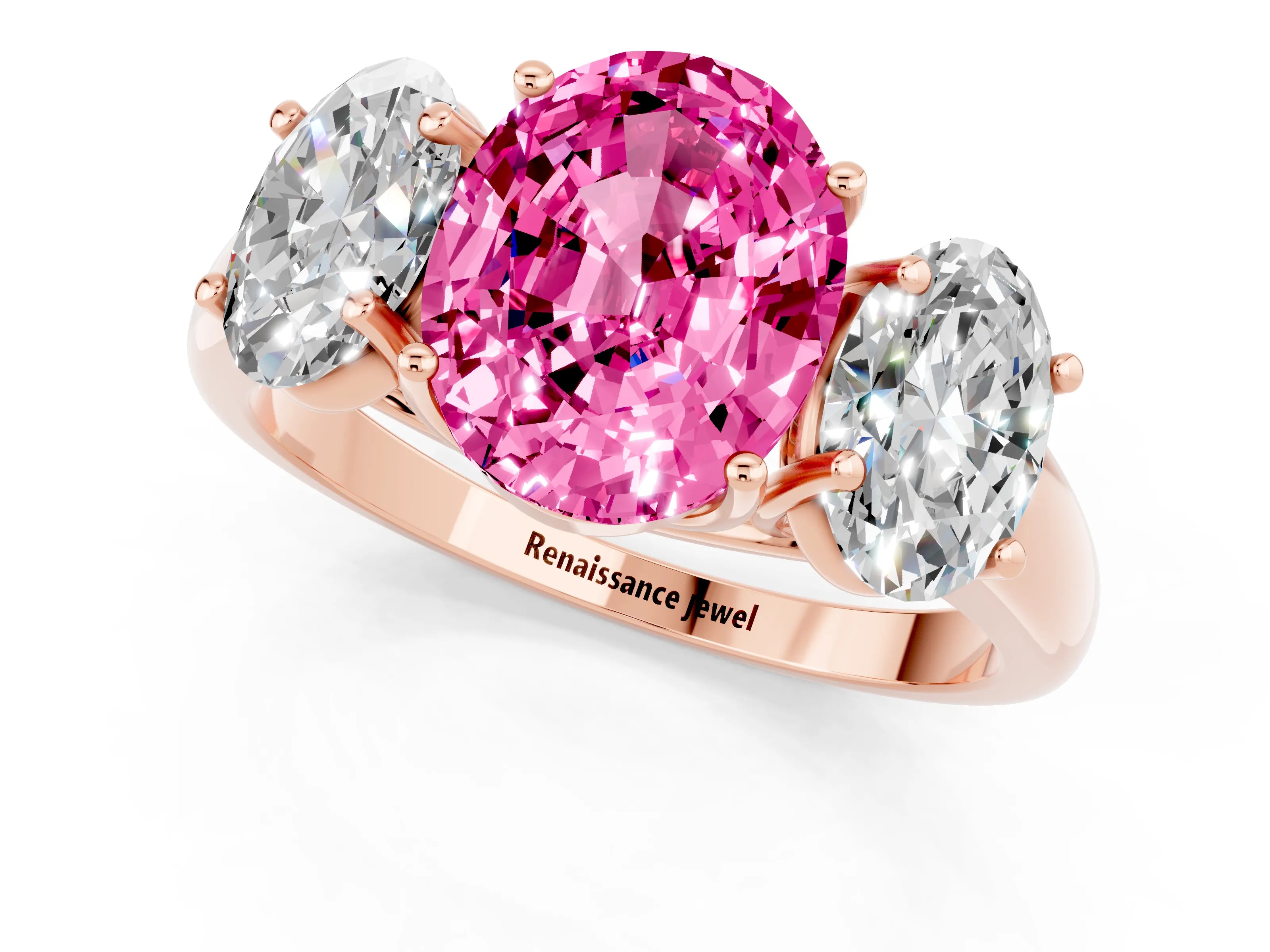 Rose gold Three-Stone Oval Cut Pink Sapphire Engagement Ring with Prong Setting_1