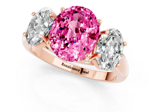 Rose gold Three-Stone Oval Cut Pink Sapphire Engagement Ring with Prong Setting_1