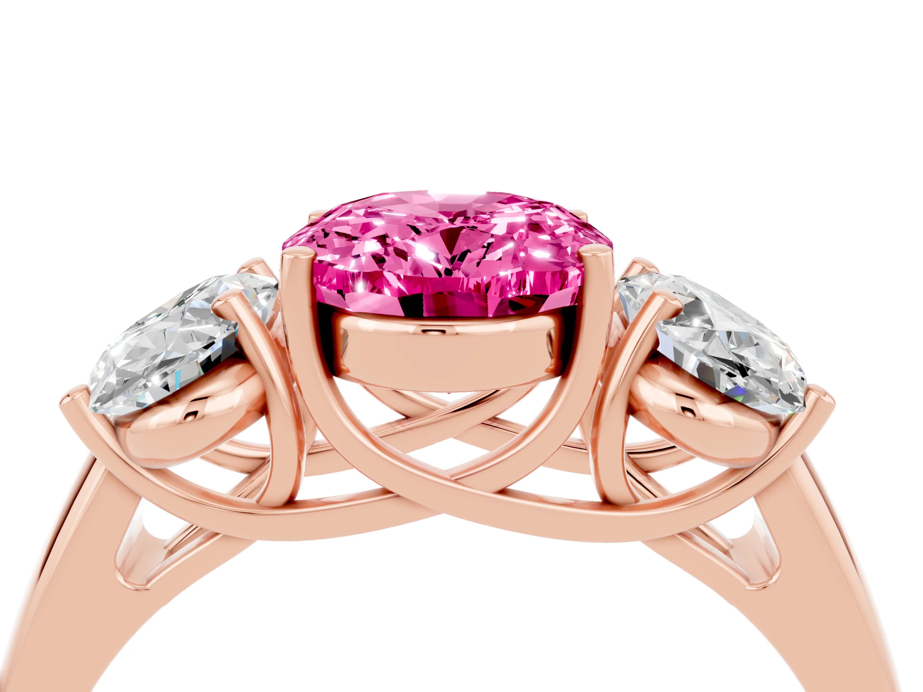 Rose gold Three-Stone Oval Cut Pink Sapphire Engagement Ring with Prong Setting_4