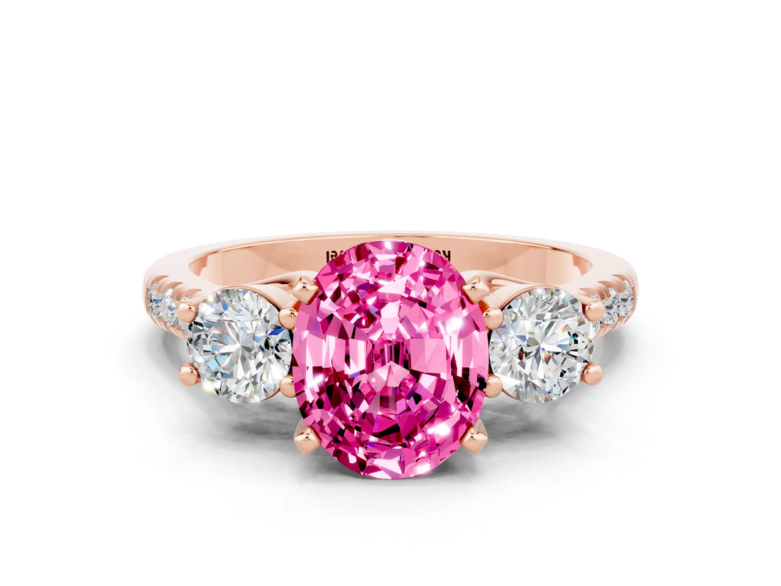 Rose gold Three-Stone Oval Cut Pink Sapphire Pavé Band with Four-Prong Setting_24