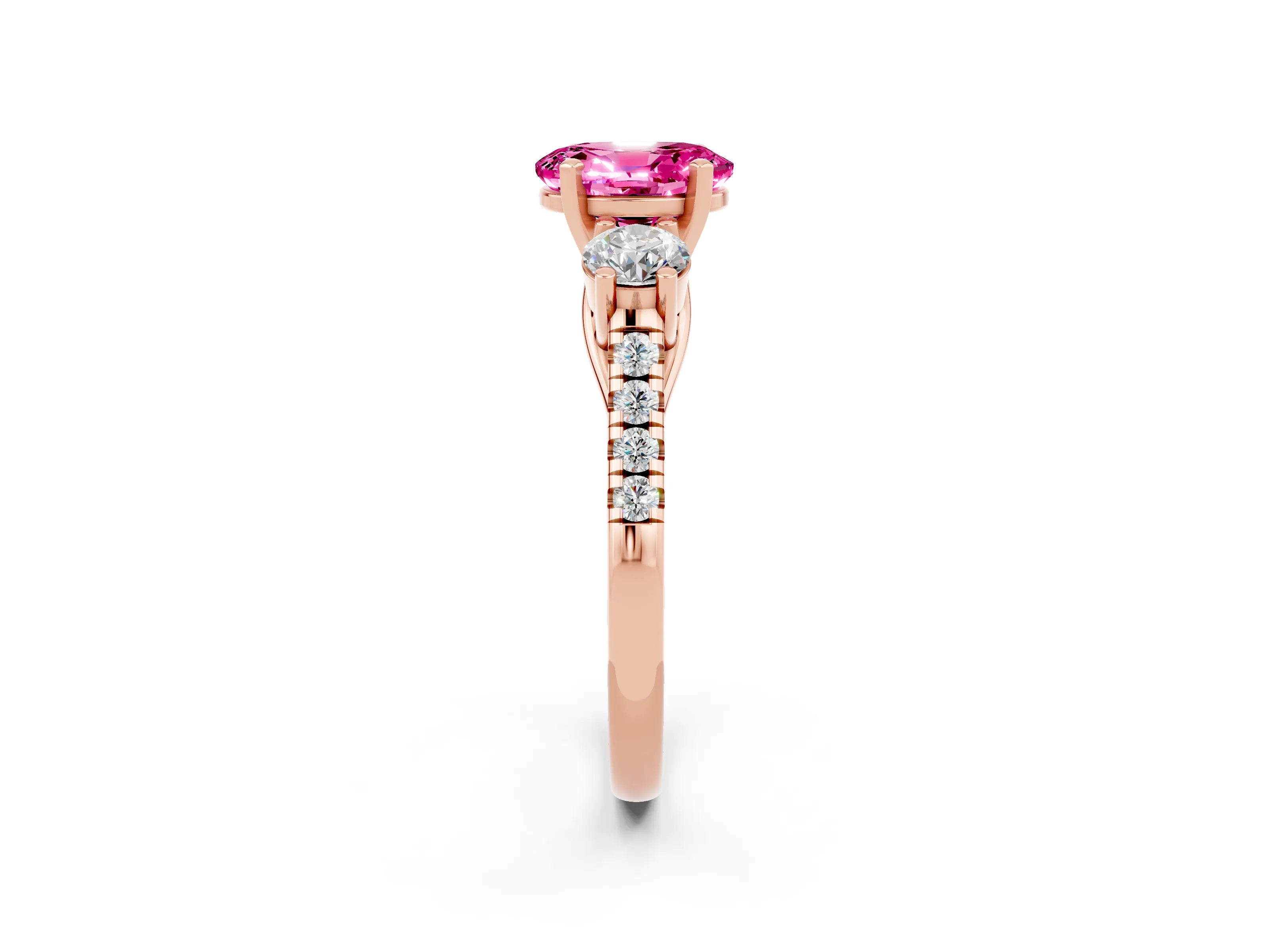 Rose gold Three-Stone Oval Cut Pink Sapphire Pavé Band with Four-Prong Setting_26