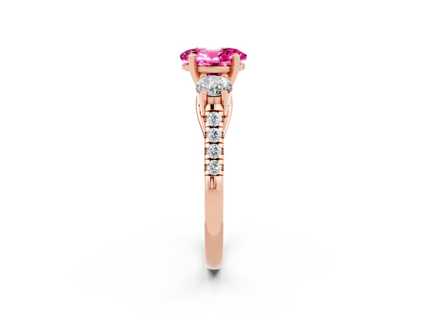 Rose gold Three-Stone Oval Cut Pink Sapphire Pavé Band with Four-Prong Setting