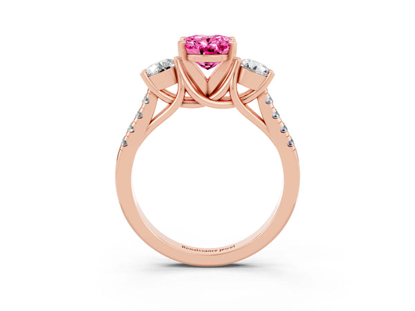 Rose gold Three-Stone Oval Cut Pink Sapphire Pavé Band with Four-Prong Setting