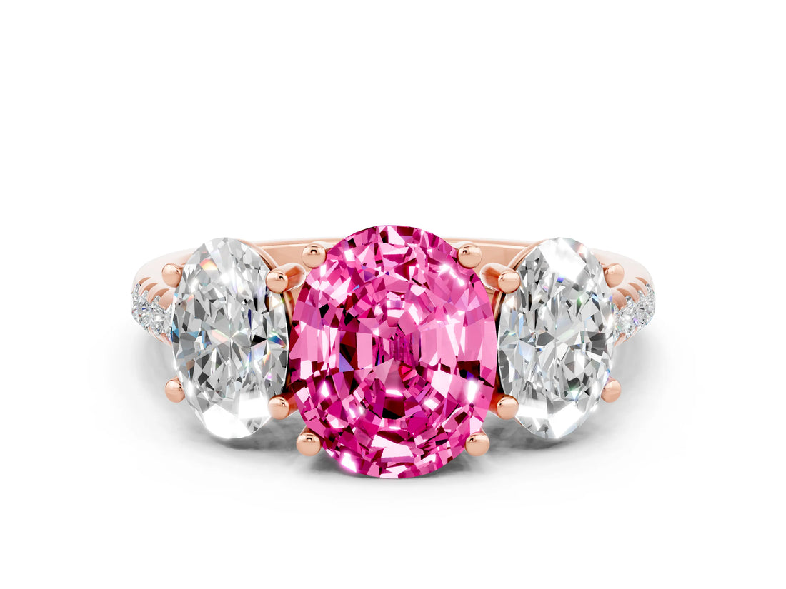 Rose gold Three-Stone Oval Cut Pink Sapphire Ring with Pavé Band and Prong Setting_36