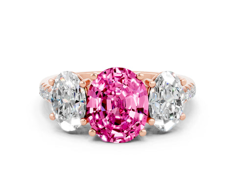 Rose gold Three-Stone Oval Cut Pink Sapphire Ring with Pavé Band and Prong Setting_36