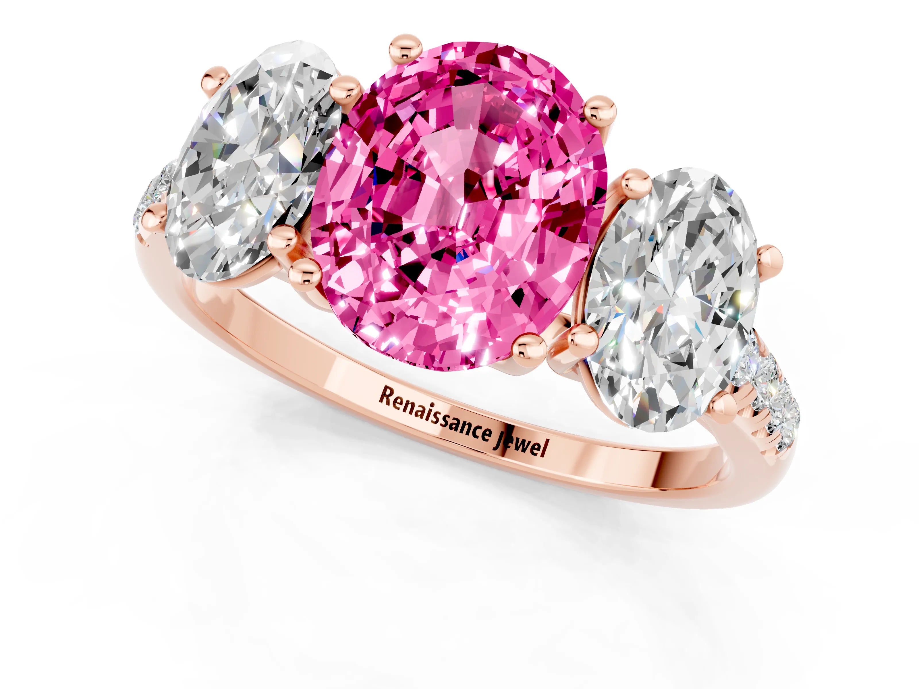 Rose gold Three-Stone Oval Cut Pink Sapphire Ring with Pavé Band and Prong Setting_37