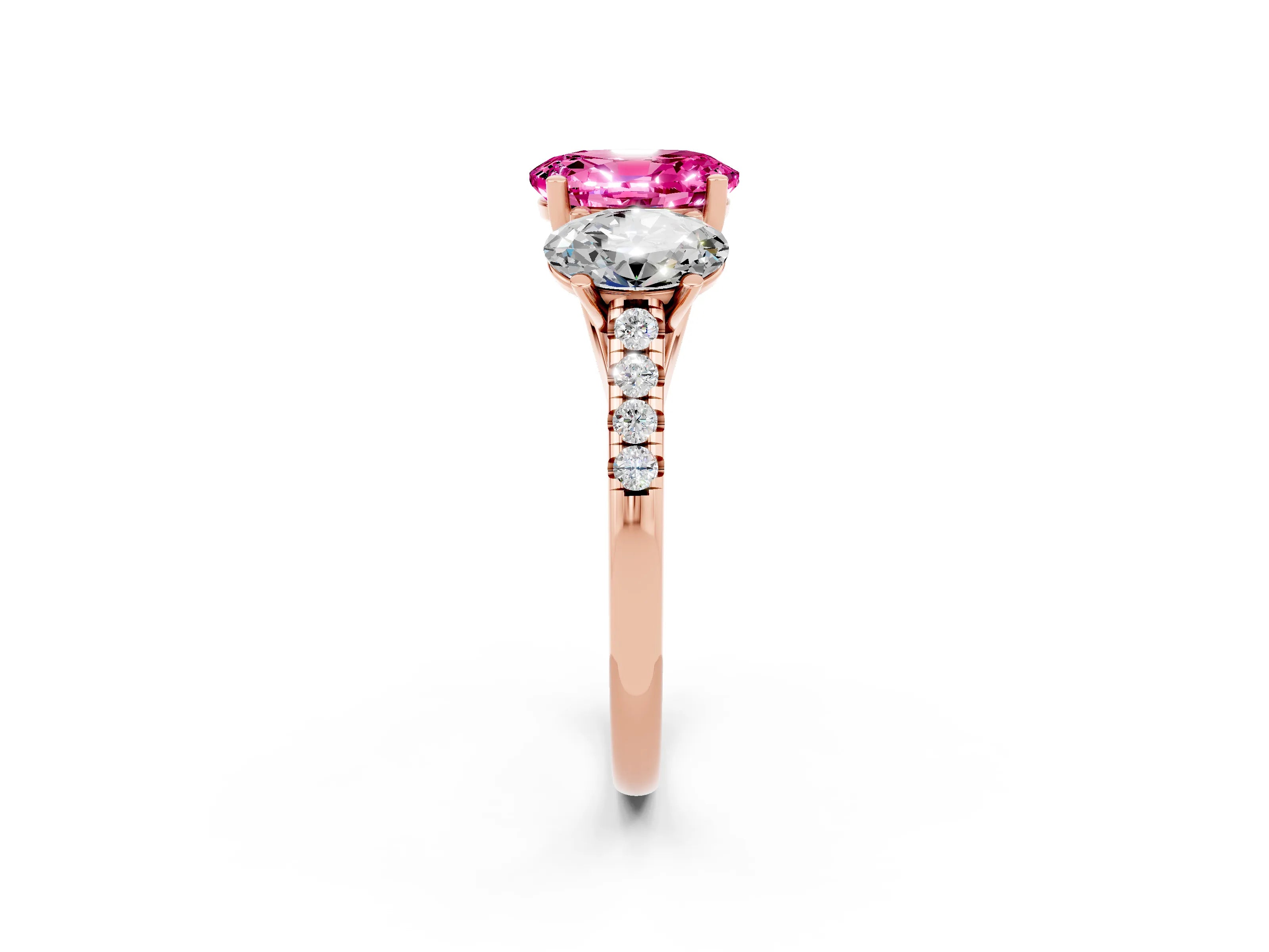 Rose gold Three-Stone Oval Cut Pink Sapphire Ring with Pavé Band and Prong Setting_38