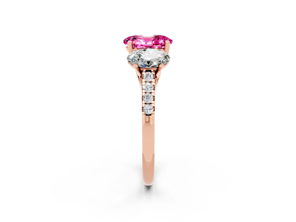 Rose gold Three-Stone Oval Cut Pink Sapphire Ring with Round  Pavé Band and Prong Setting
