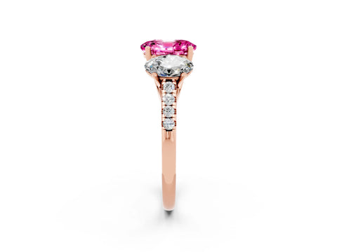 Rose gold Three-Stone Oval Cut Pink Sapphire Ring with Pavé Band and Prong Setting_38