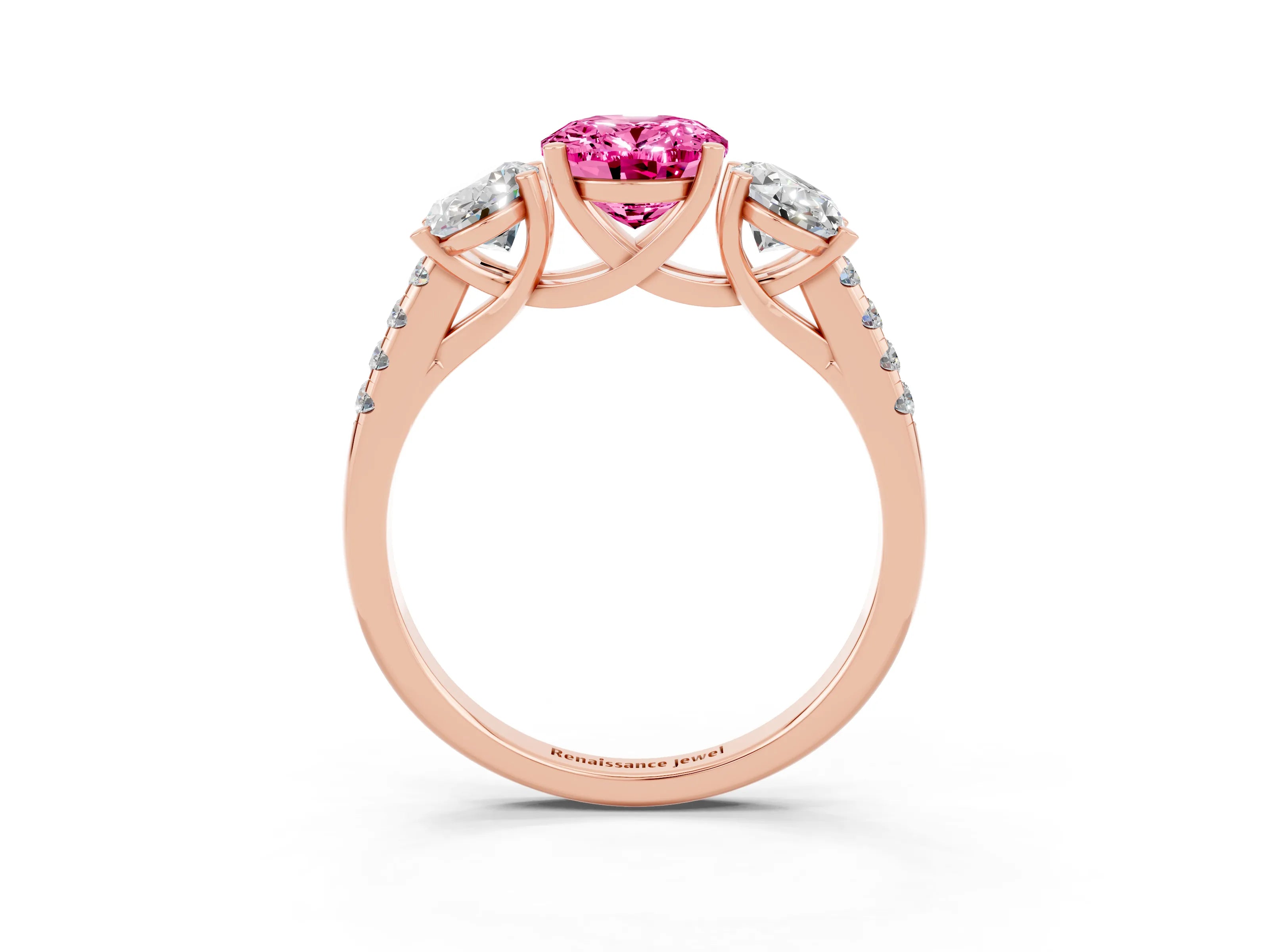 Rose gold Three-Stone Oval Cut Pink Sapphire Ring with Pavé Band and Prong Setting_39