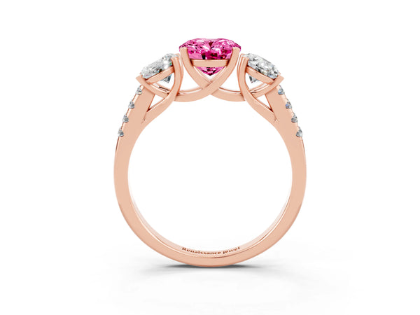 Rose gold Three-Stone Oval Cut Pink Sapphire Ring with Round  Pavé Band and Prong Setting