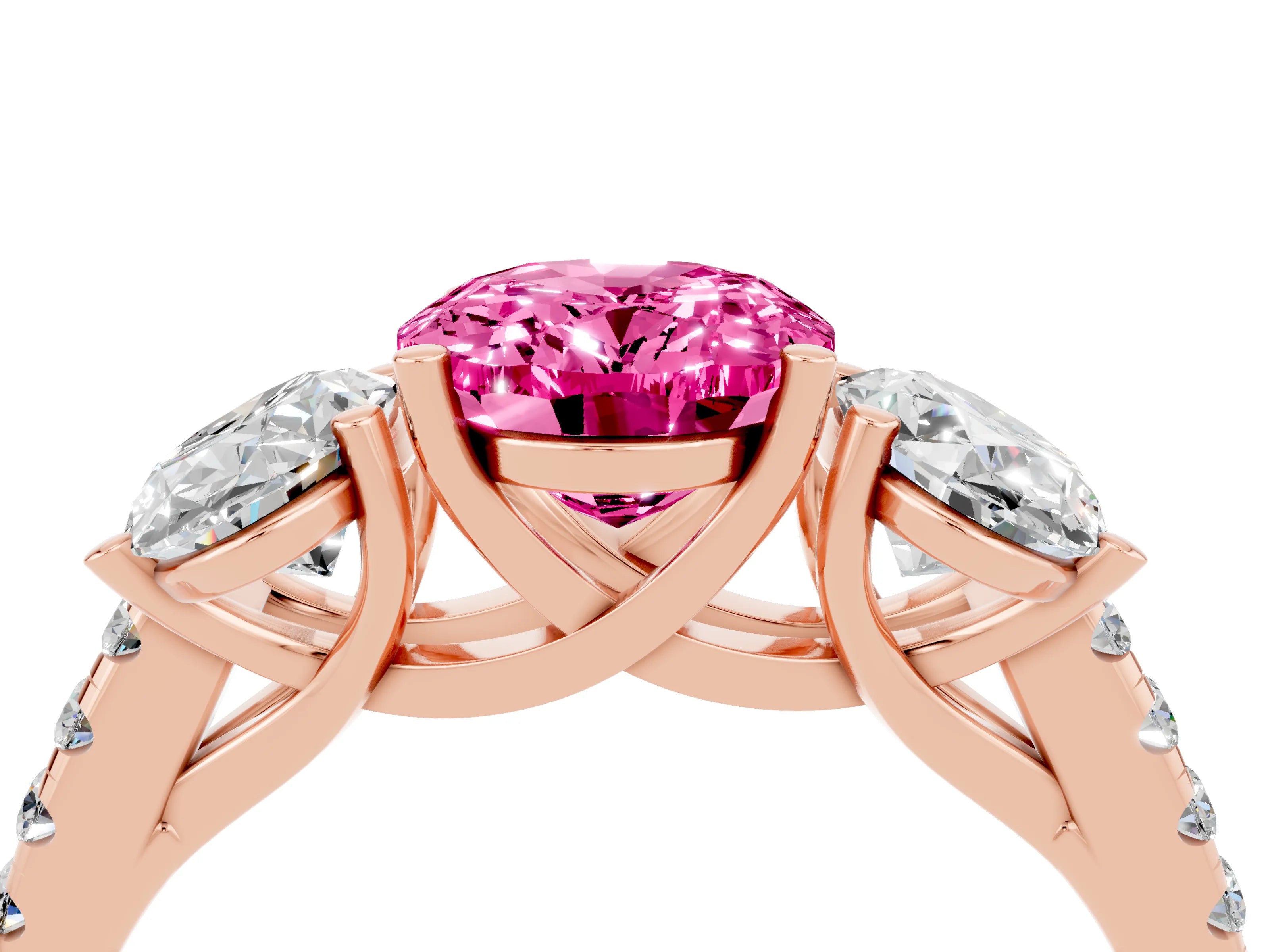 Rose gold Three-Stone Oval Cut Pink Sapphire Ring with Pavé Band and Prong Setting_40