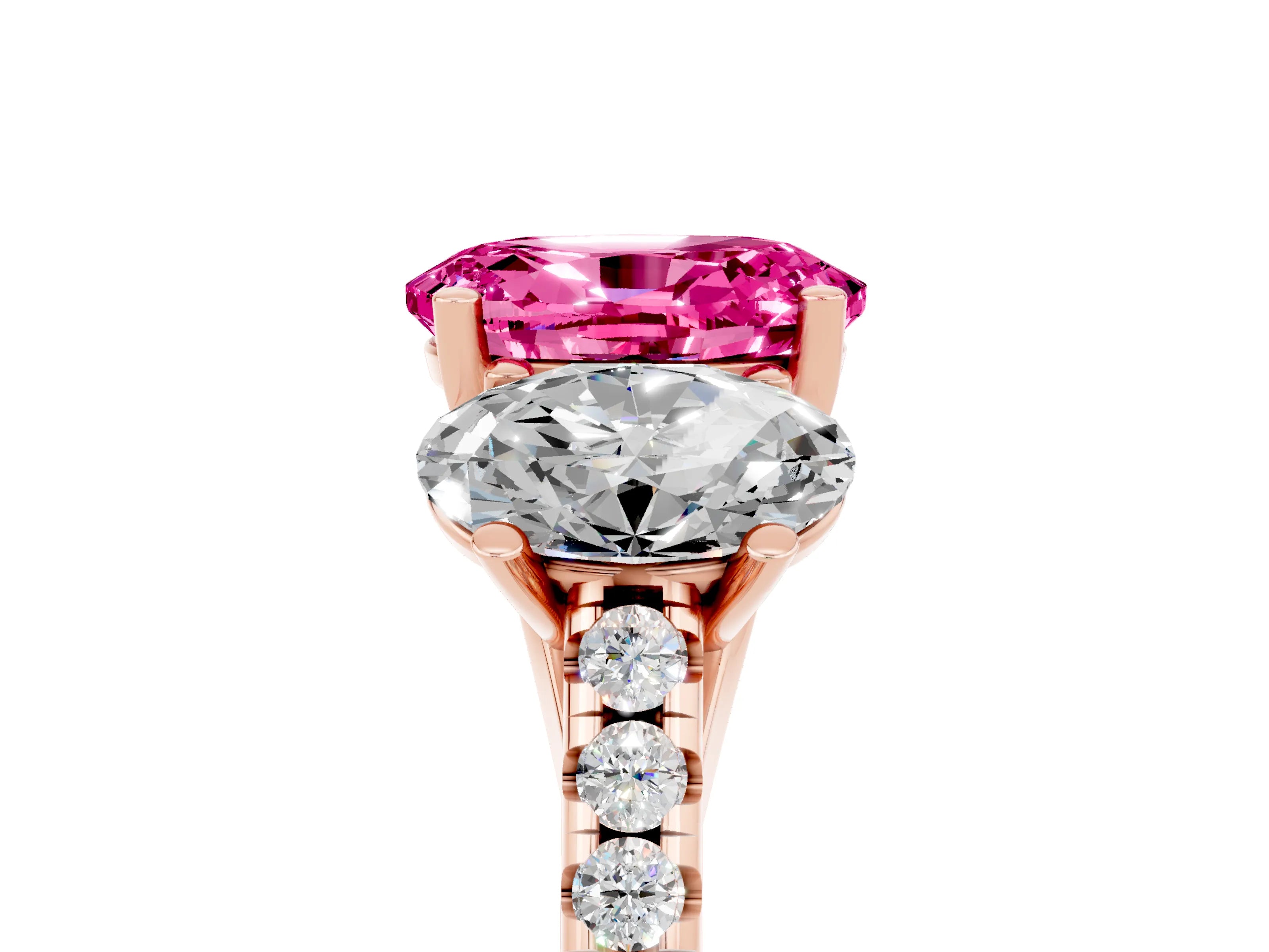 Rose gold Three-Stone Oval Cut Pink Sapphire Ring with Pavé Band and Prong Setting_41