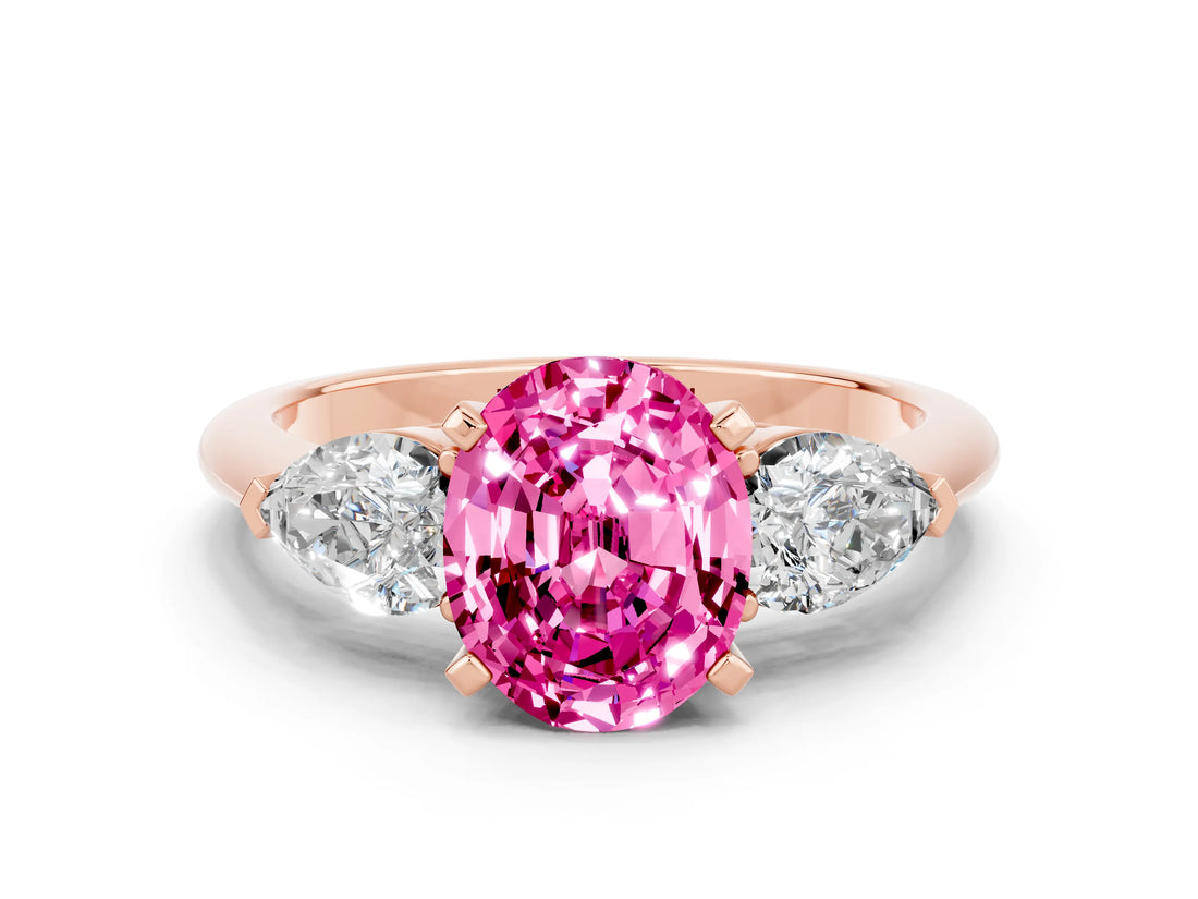 Rose gold Three-Stone Oval Cut Pink Sapphire Ring with Pear Side Stones and Four-Prong Setting_24