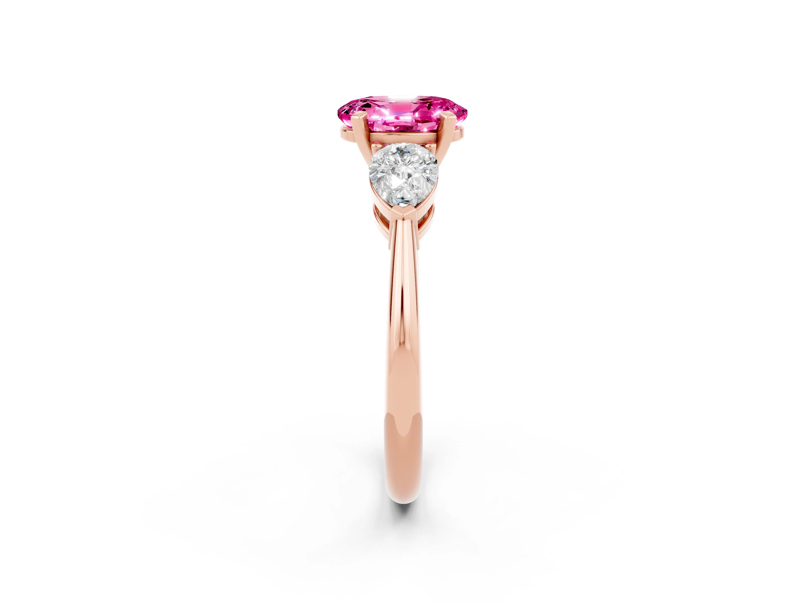 Rose gold Three-Stone Oval Cut Pink Sapphire Ring with Pear Side Stones and Four-Prong Setting_26