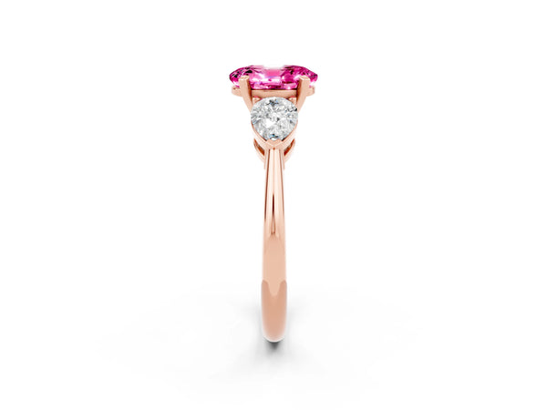 Rose gold Three-Stone Oval Cut Pink Sapphire Ring with Pear Side Stones and Four-Prong Setting
