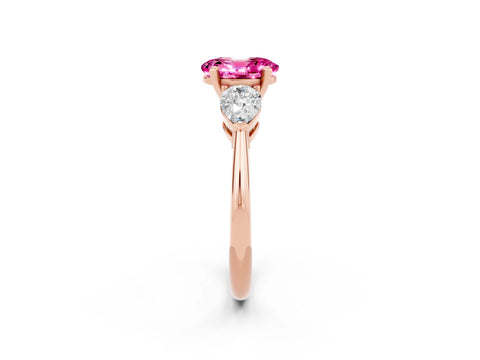 Rose gold Three-Stone Oval Cut Pink Sapphire Ring with Pear Side Stones and Four-Prong Setting_26