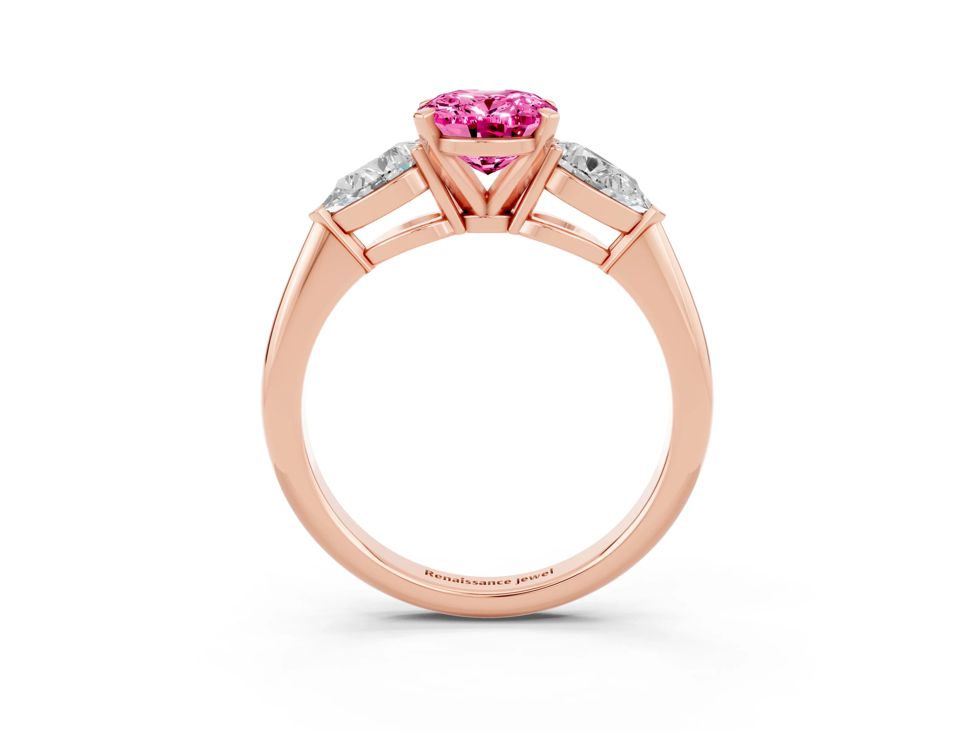 Rose gold Three-Stone Oval Cut Pink Sapphire Ring with Pear Side Stones and Four-Prong Setting_27