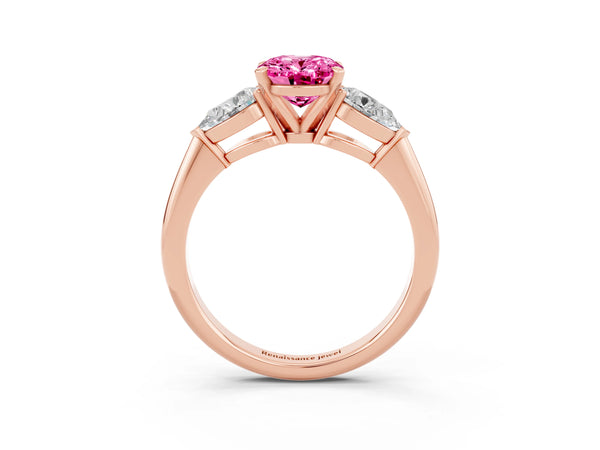 Rose gold Three-Stone Oval Cut Pink Sapphire Ring with Pear Side Stones and Four-Prong Setting
