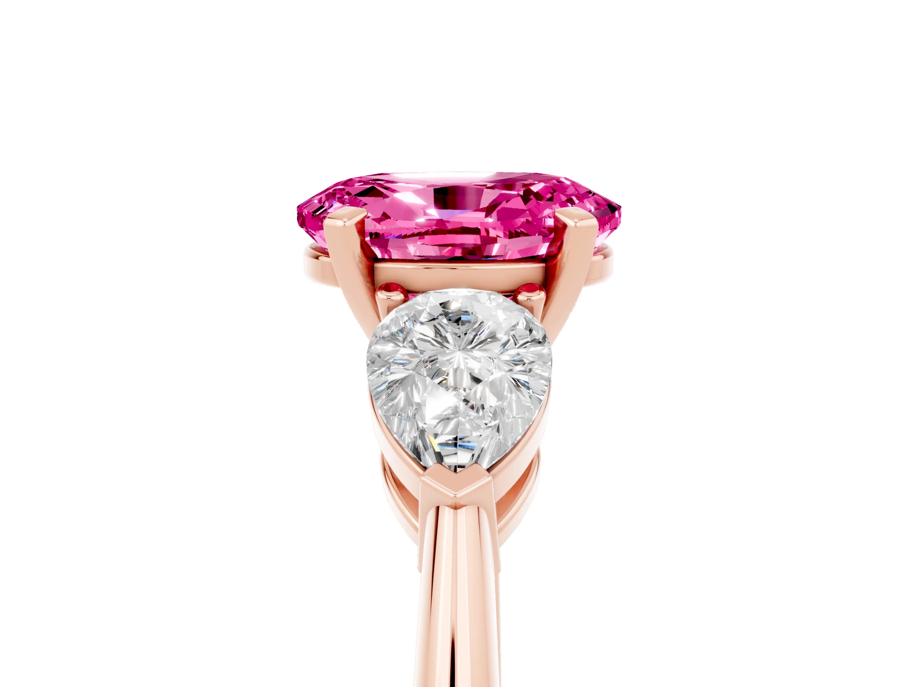 Rose gold Three-Stone Oval Cut Pink Sapphire Ring with Pear Side Stones and Four-Prong Setting_29