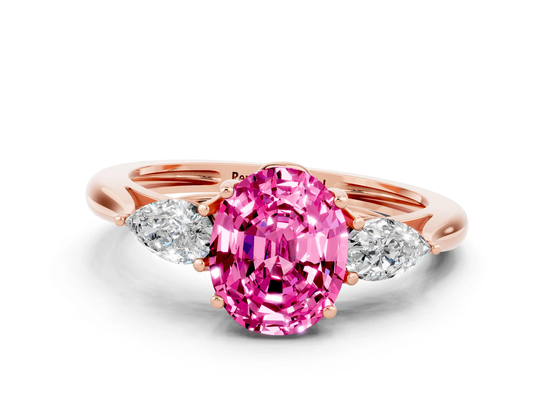 Rose gold Three-Stone Oval Cut Pink Sapphire Ring with Pear  Side Stones in Four-Prong Setting_12